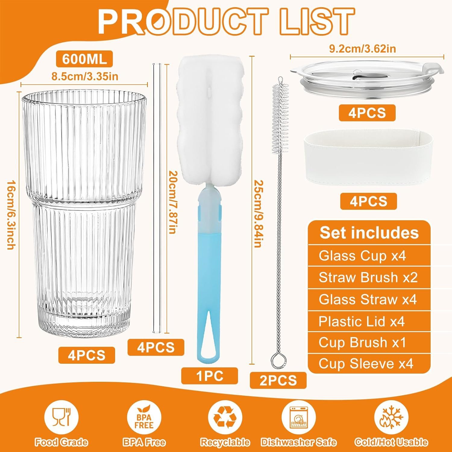 LA CUTE Cocktailglas Feelhap 4er Gläser-Set 600 ml mit Strohhalm & Deckel, wiederverwendbar, Bruchsicher, BPA-frei, wiederverwendbar, inkl. Reinigungszubehör