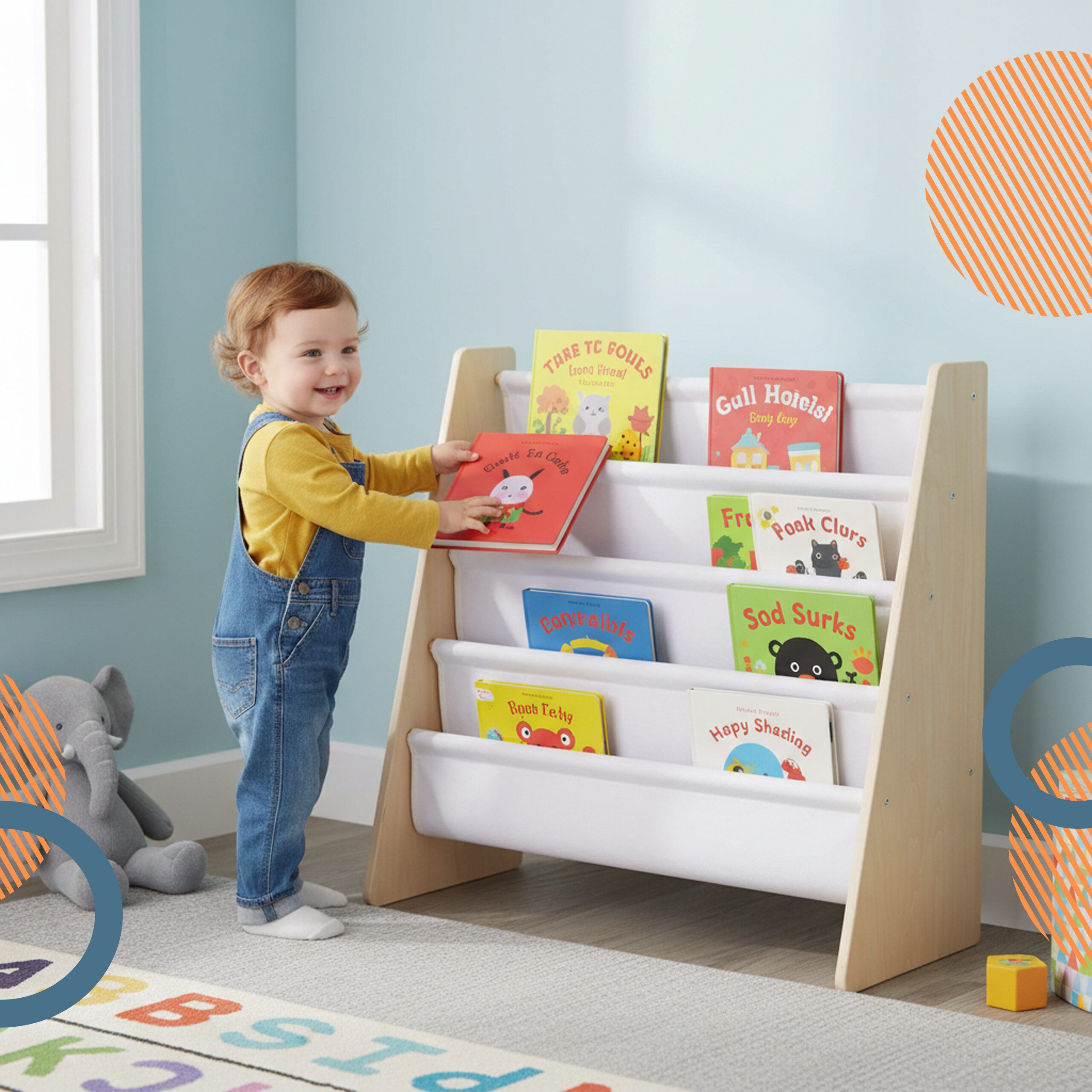relaxdays Kinderregal Bücherregal Kinder 4 Stofftaschen, A