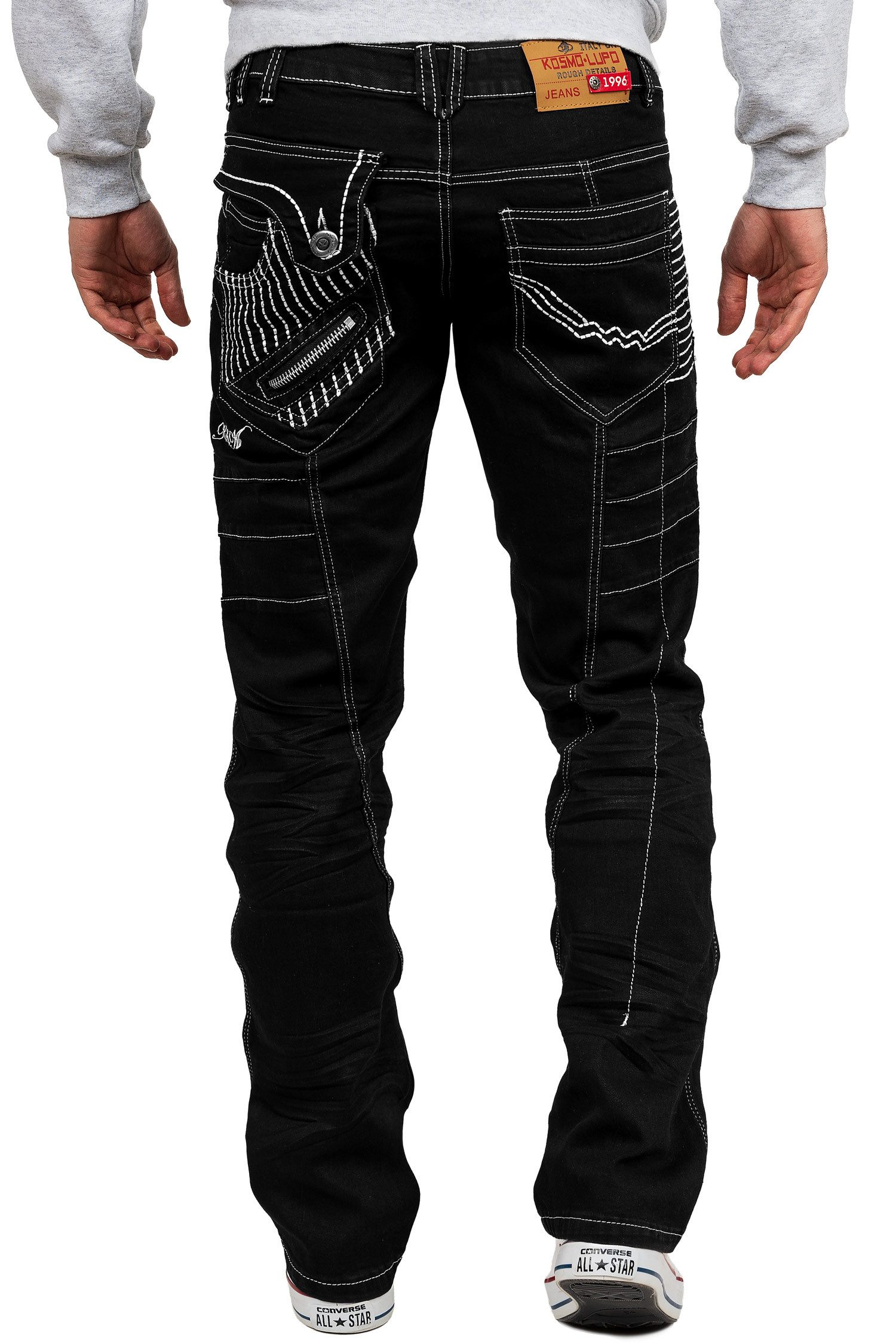 Kosmo Lupo 5-Pocket-Jeans Herren Regular Fit Hose Mid Waist KM020-1 (1-tlg) mit aufgesetzten Applikationen