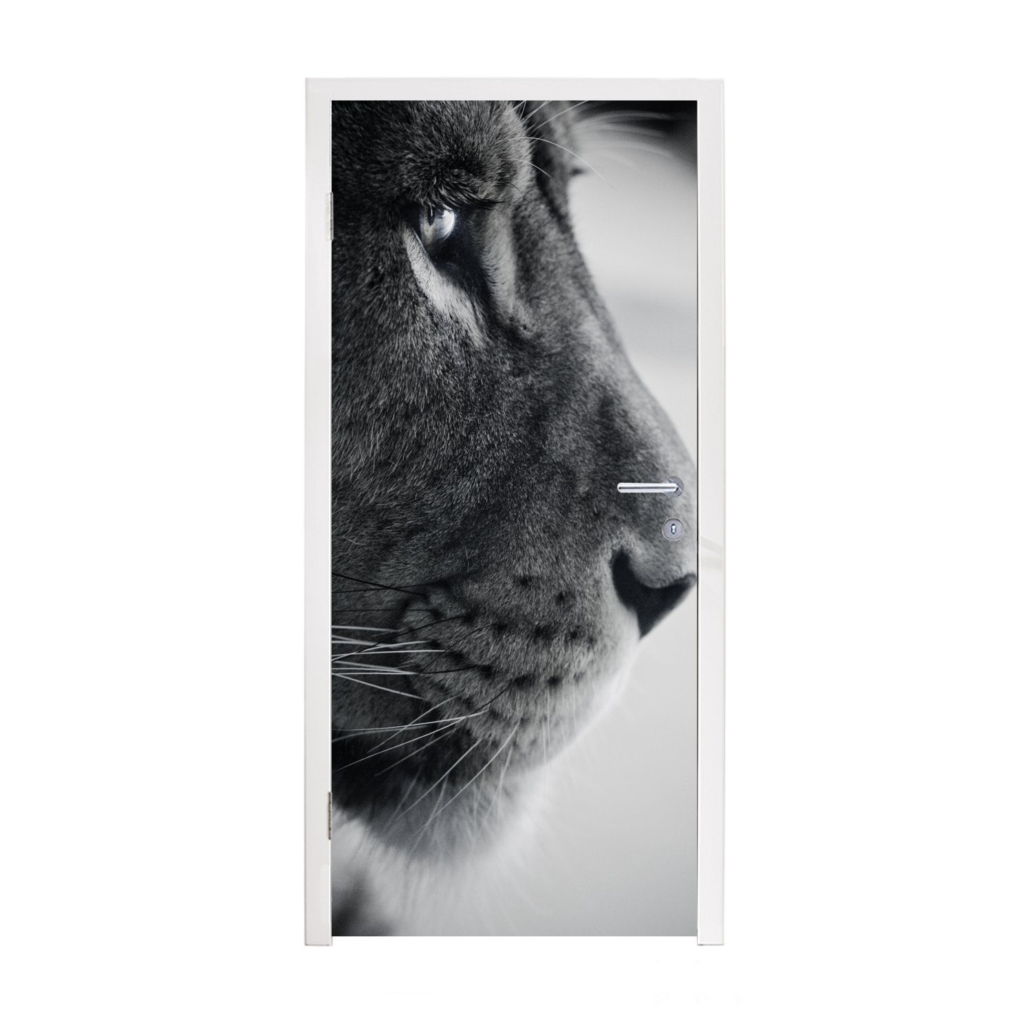 MuchoWow Türtapete Tierprofil Löwe in schwarz und weiß, Matt, bedruckt, (1 St), Fototapete für Tür, Türaufkleber, 75x205 cm