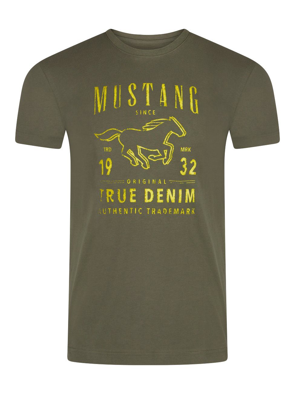 Shirt MUSTANG 100% Tee Herren mit Rundhalsausschnitt (1014003-6357) Kurzarm Fit Baumwolle Dusty T-Shirt Olive (1-tlg) Printshirt Regular aus