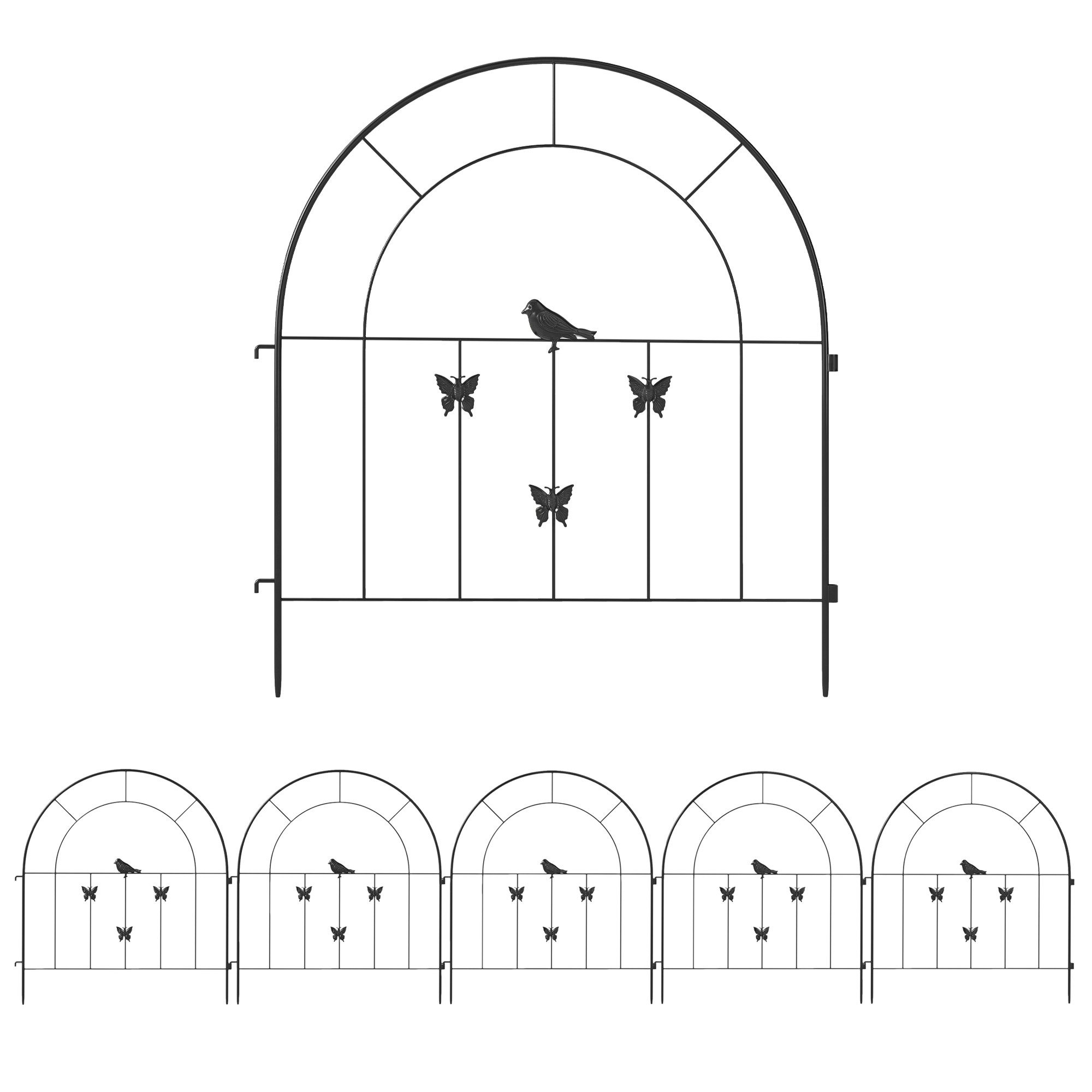 Outsunny Gartenzaun 300 cm x 70 cm hoch, Oberbogen Zaun für Hunde, (Zaun aus Stahl, 5-St., Dekorativer Gitterzaun Set), für Garten Blumenbeete Tierbarriere Außenbereich Schwarz