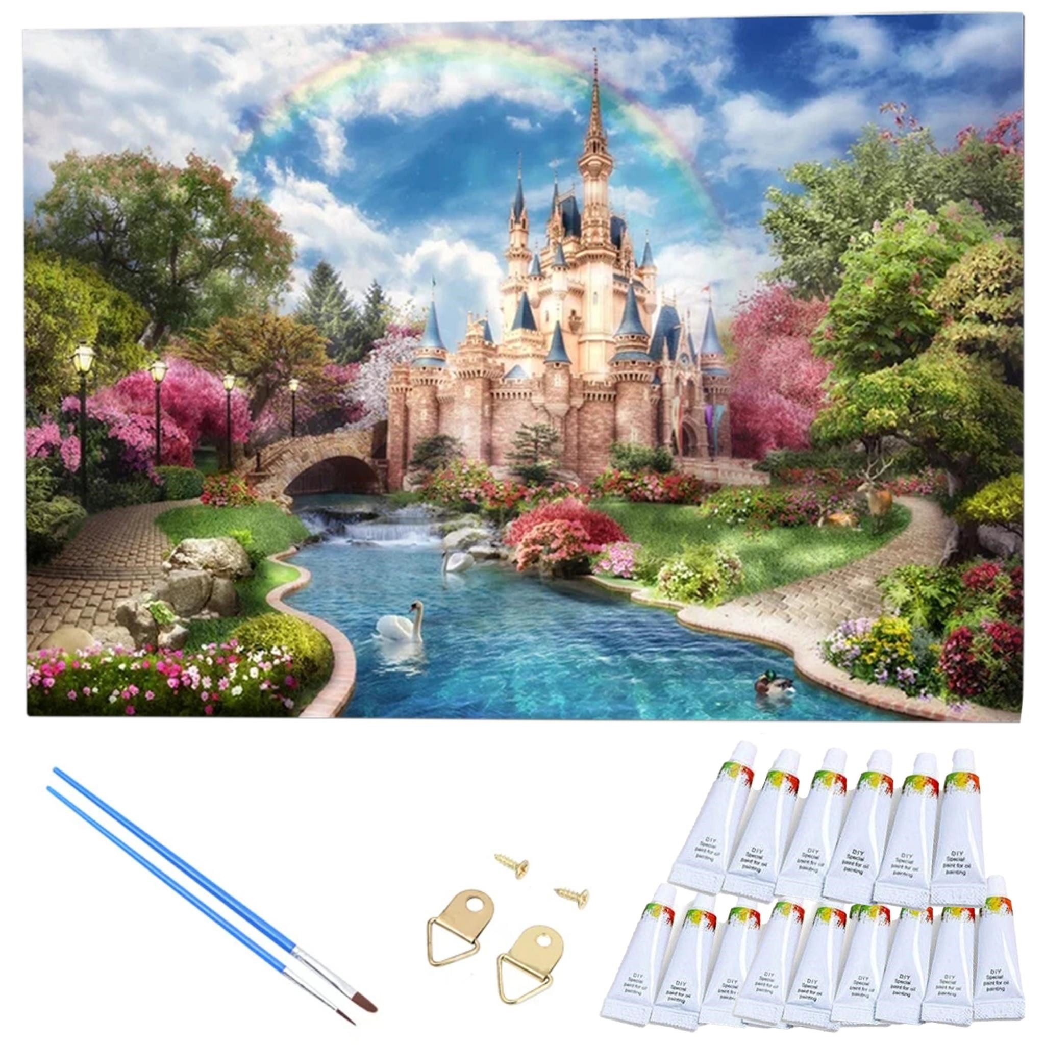 LA CUTE Раскрась по номерам XL Schloss Malset – Kreatives Раскрась по номерам mit Rahmen 40x50cm (Komplettes Malset: Kreatives Раскрась по номерам mit Rahmen und Farben, Раскрась по номерам Set: Leinwand 40x50cm, Acrylfarben, Pinsel, Rahmen), Schloss Malset: Hochwertige Leinwand 40x50cm mit Acrylfarben & Rahmen