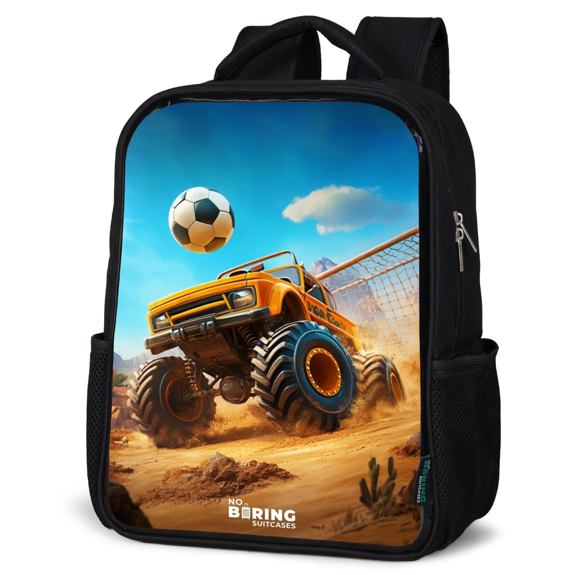 NoBoringSuitcases.com© Rucksack Monstertruck schießt Tor im Wüstenstadion, Kinderrucksack Schwarz, Schulrucksack, Freizeitrucksack Jungen Mädchen