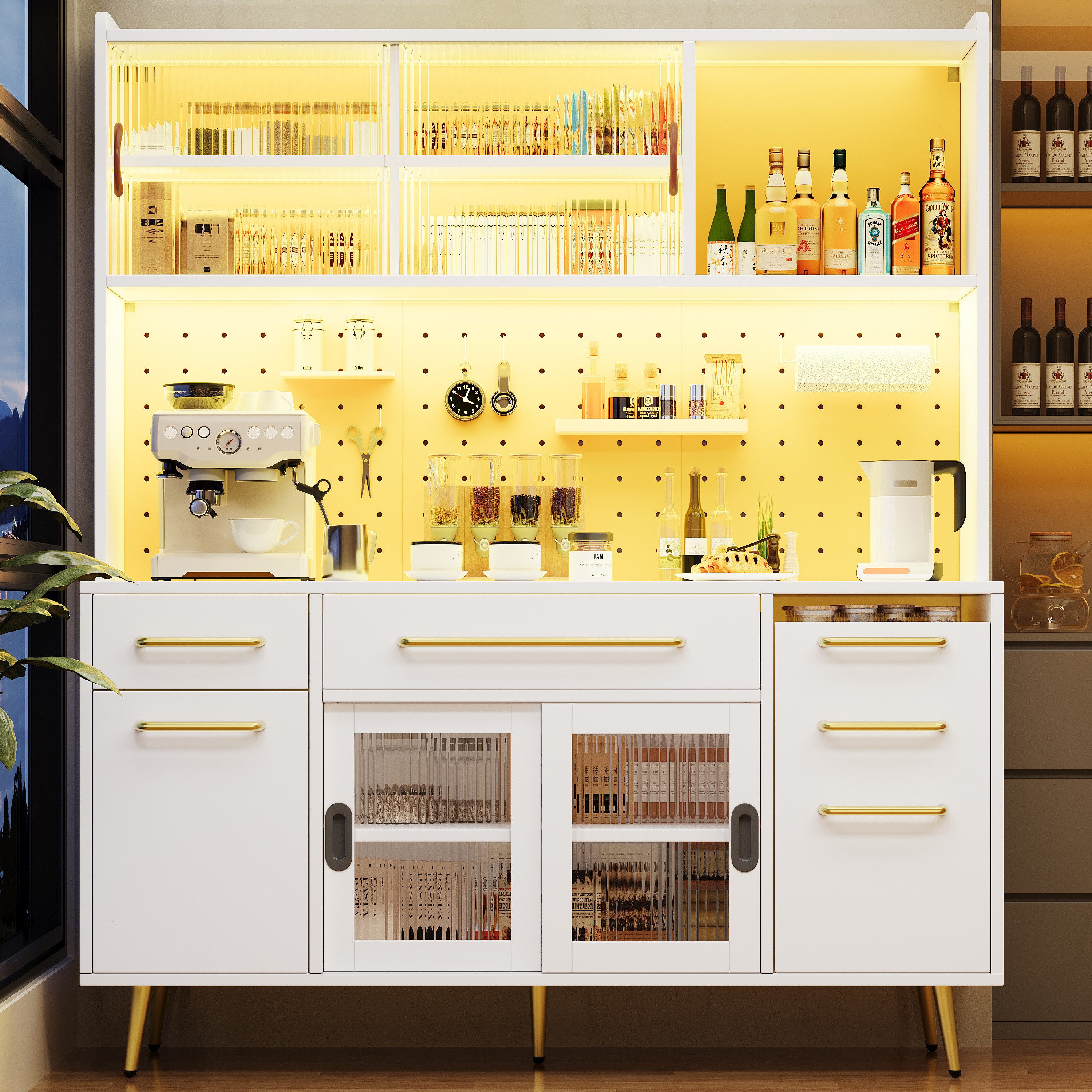 Celya Sideboard mit LED, Glastür und Schublade (Ergonomische Arbeitsflächenhöhe, Ausgestattet mit MDF-Lochwand und verstellbaren Regalböden), für Küche und Wohnzimmer