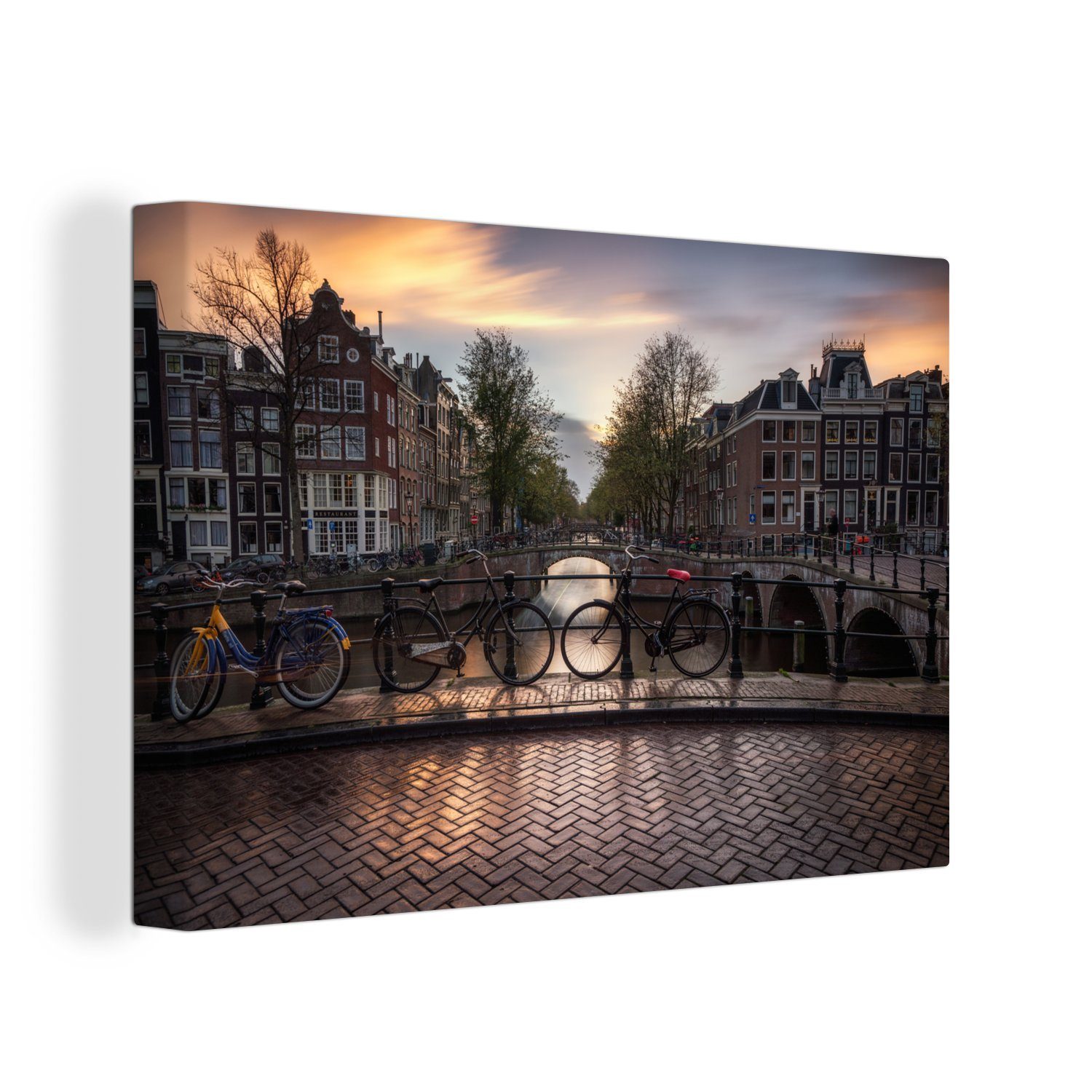 (1 der cm über Aufhängefertig, Amsterdam, 30x20 Leinwandbilder, Wandbild OneMillionCanvasses® in Leinwandbild St), Sonnenuntergang Keizersgracht Wanddeko,
