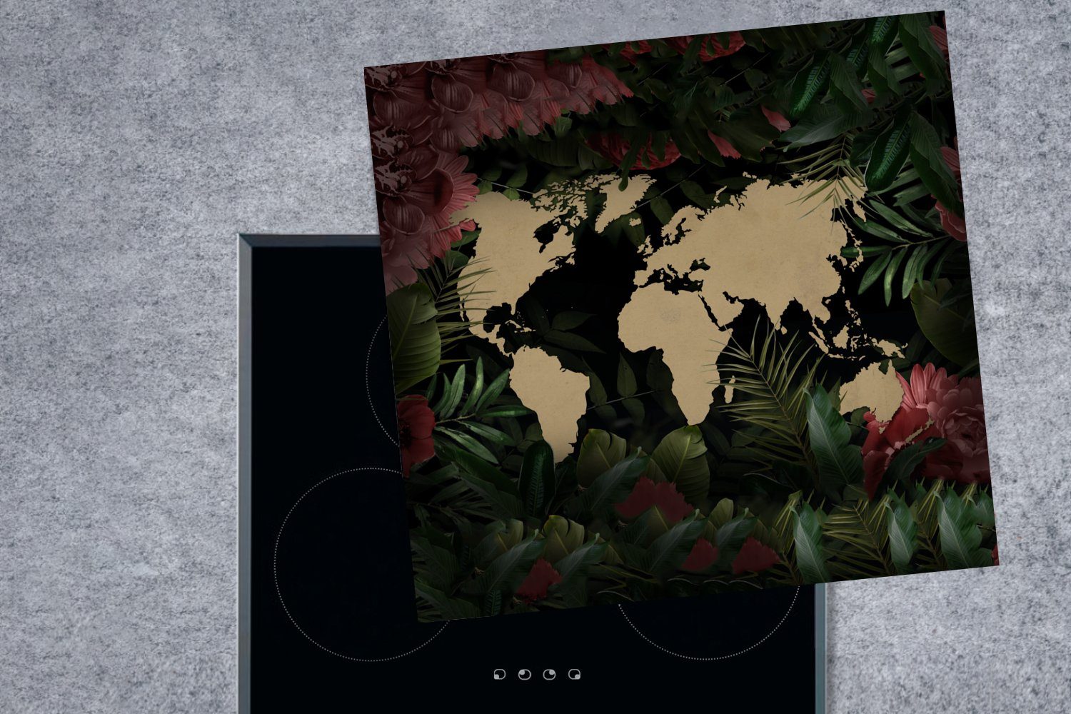 MuchoWow Herdblende-/Abdeckplatte Weltkarte - Pflanzen küche für Arbeitsplatte Blumen, (1 Ceranfeldabdeckung, 78x78 - cm, tlg), Vinyl