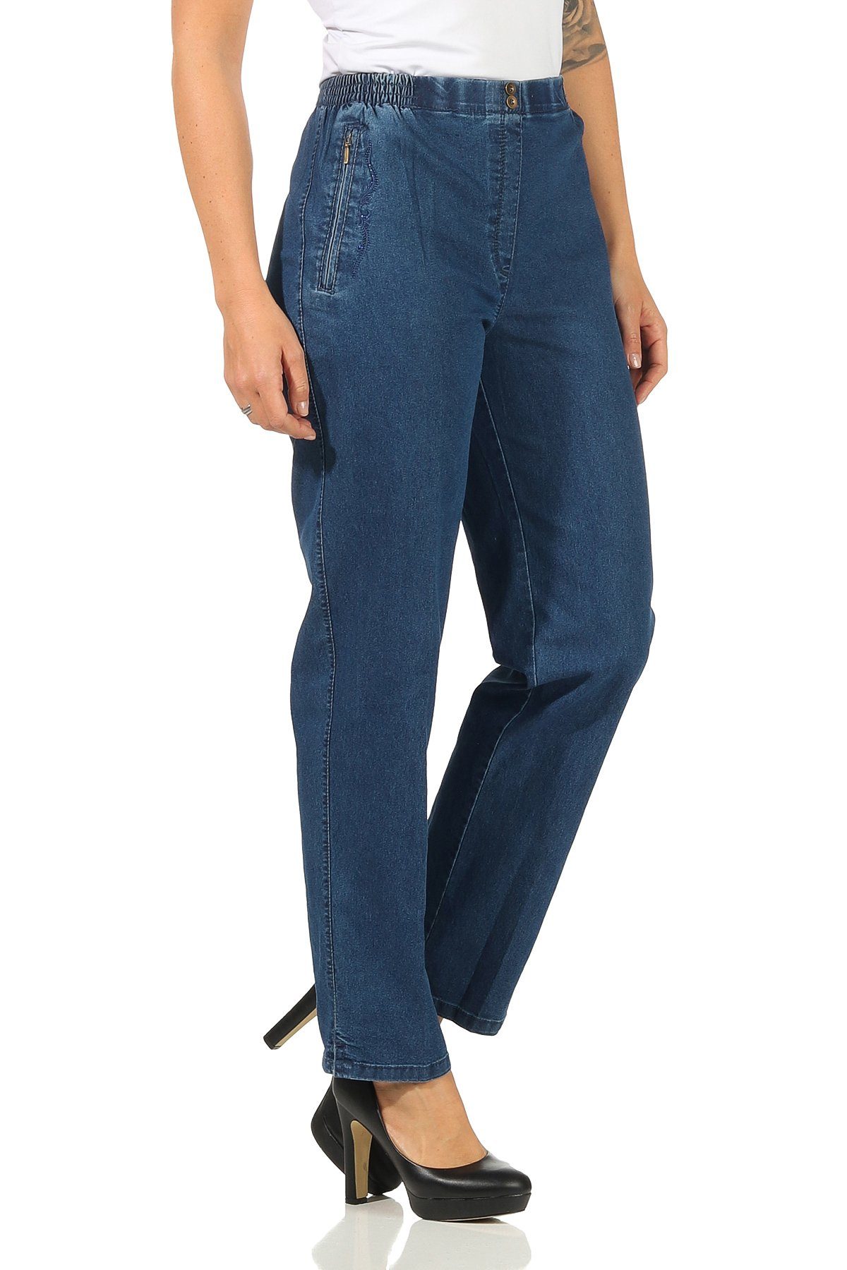 Straight-Jeans Stretch Jeans Damen Schlupfhose Kurzgröße Jeanshose Denim