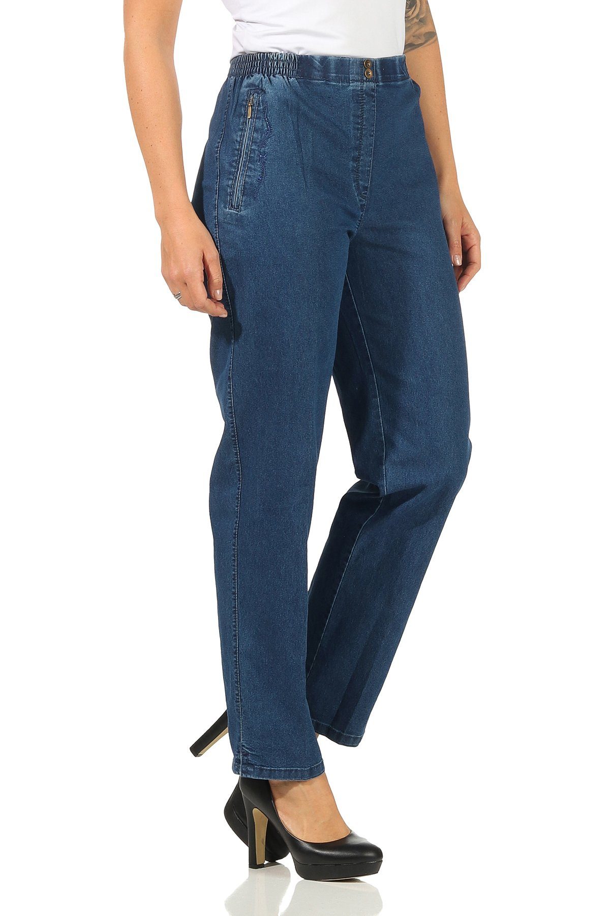 Aurela Damenmode Straight-Jeans Stretch Jeans Damen Schlupfhose Kurzgröße Jeanshose Denim Größe 36 bis 54, bequemer Gummizug, leichtes an- und ausziehen