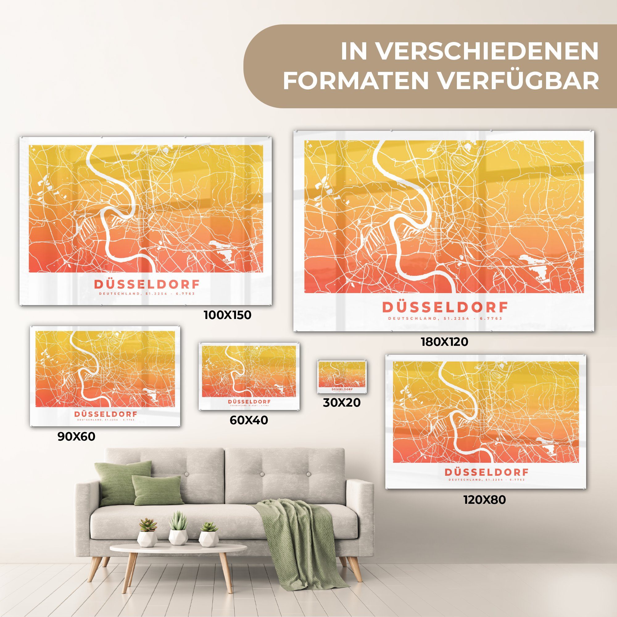 MuchoWow Acrylglasbild Dusseldorf - Acrylglasbilder Schlafzimmer (1 Stadtplan, Deutschland - St), Wohnzimmer &