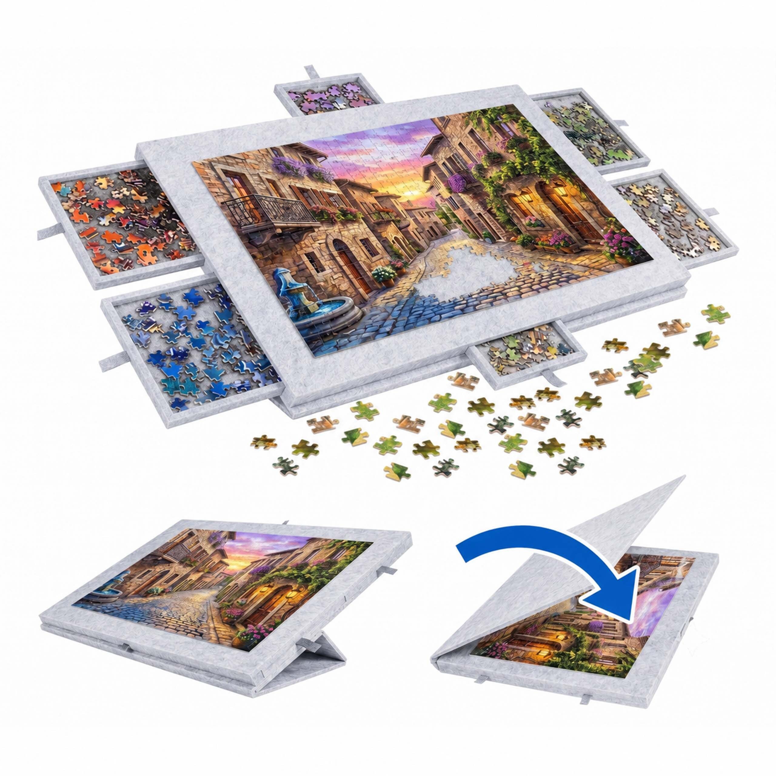relaxdays Puzzle-Sortierschale Puzzlebrett Filz 6 Schubladen, Hellgrau