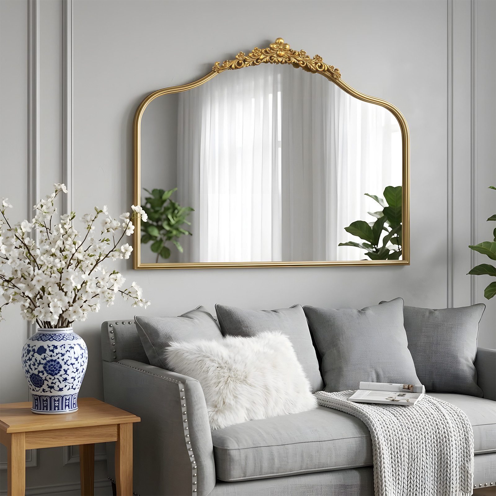 G-LEAF Spiegel Bogen-Wandspiegel im Barockstil, Metallrahmen mit Perlenverzierung (1-St), robusten Eisenrahmen und Harzornamenten, 80×60cm, Vintage-Gold