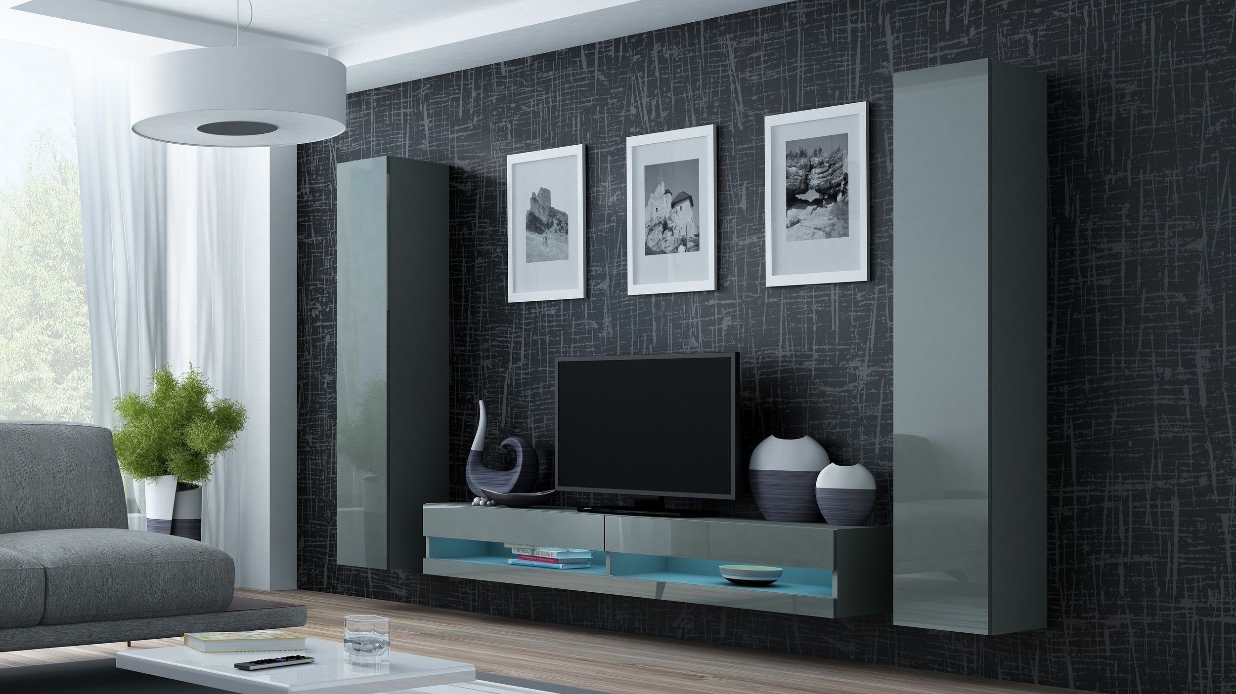 Stylefy Wohnwand Vago (3-St), 1xLowboard Matt Grau IV, Wohnzimmer-Set), mit New Grau (Set bestehend Wohnmöbel, 2xHängeschrank, LED-Beleuchtung, Push-to-Open - inkl. aus Hochglanz und