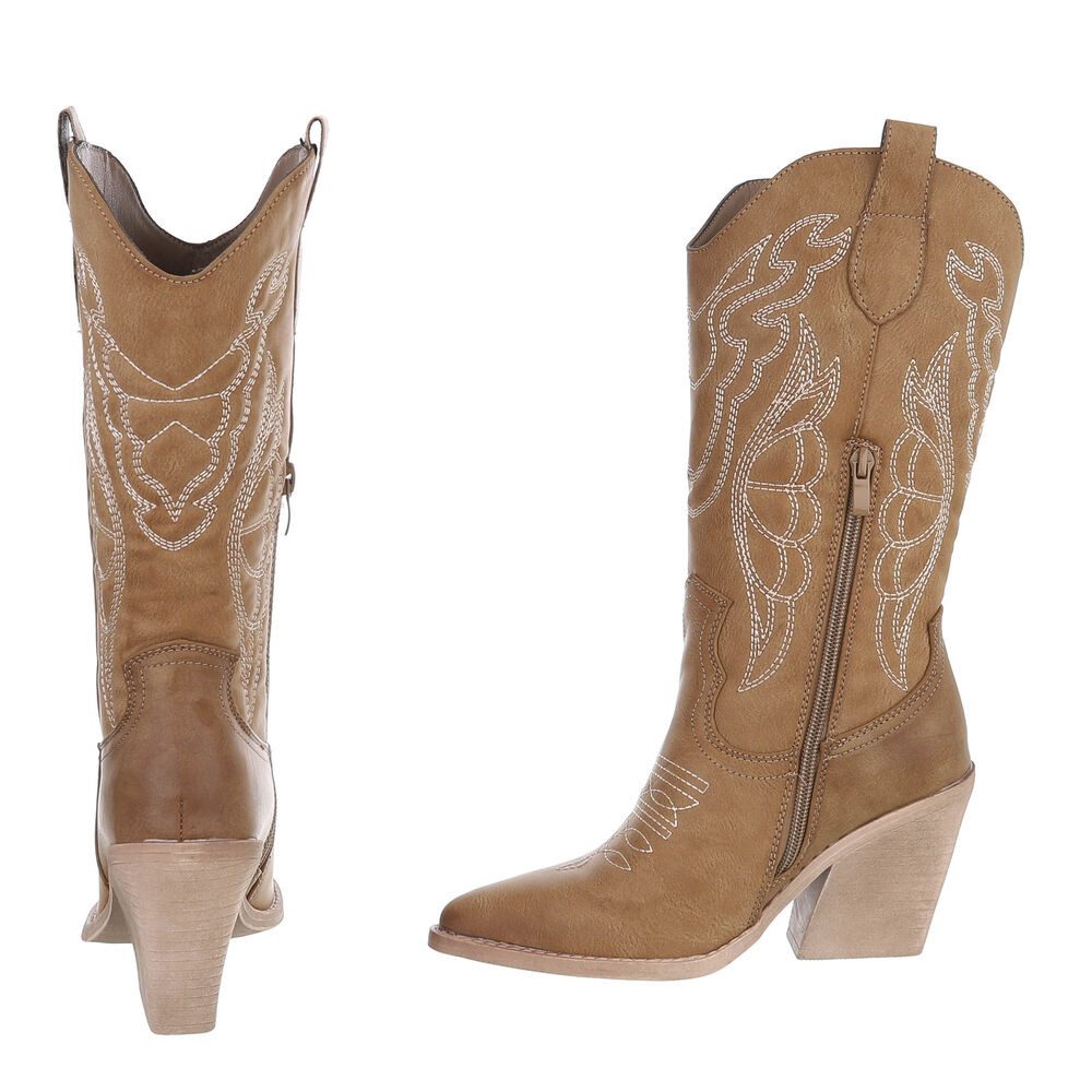 Ital-Design Stylische Damen-Stiefeletten mit Stickdetails für Alltag Westernstiefel (91409436) Blockabsatz Stiefel in Hellbraun – Bild 5 von 5