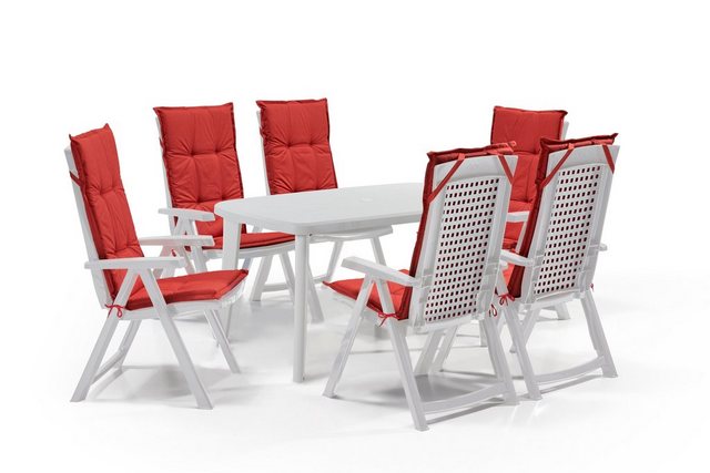 Shaf Gartenlounge-Set Shaf Diningset Milano weiß 7 teilig, mit Stühle, Tisch, und Polster, klappbarer Stuhl, verstellbare Rückenlehne