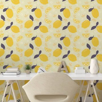 Abakuhaus Vinyltapete selbstklebendes Wohnzimmer Küchenakzent, Frucht-Kunst Zitronen und Blüten