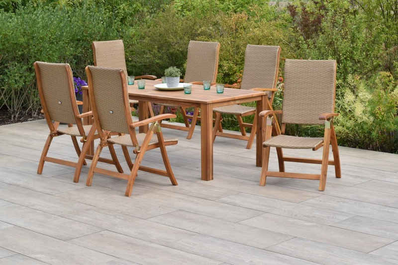 MERXX Garten-Essgruppe Capri, (Set 7-teilig, Tisch, 6 Klappsessel, Akazienholz mit Kunststoffgeflecht)