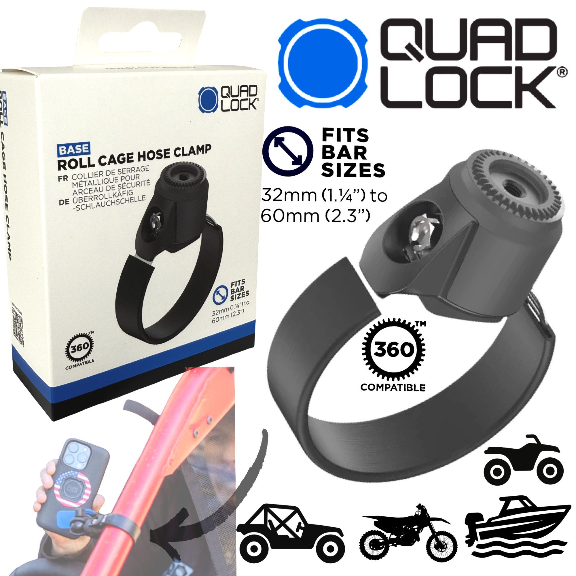 Quad Lock Handy-Halterung QUAD LOCK 360 Roll Cage Hose Rollkäfig Schlauchschelle Handy Halter