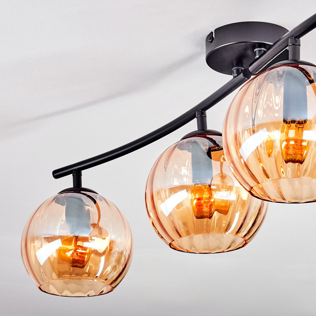 hofstein Deckenleuchte Deckenlampe aus Metall/Riffelglas in Schwarz/Bernsteinfarben, ohne Leuchtmittel, Deckenleuchte im modernen Vintage-Design (Schirme Ø 15 c – Bild 3 von 5