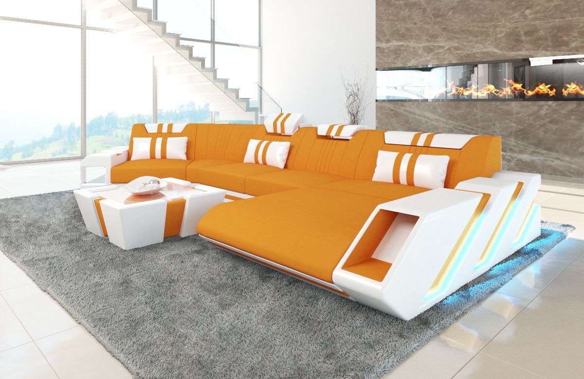 C Sofa Sofa Form mit LED, Schlafsofa, mit Polster Bettfunktion Stoffsofa als Stoff Sofa, C87 Apricot-Weiss Wohnlandschaft wahlweise Apollonia Dreams Couch Designersofa
