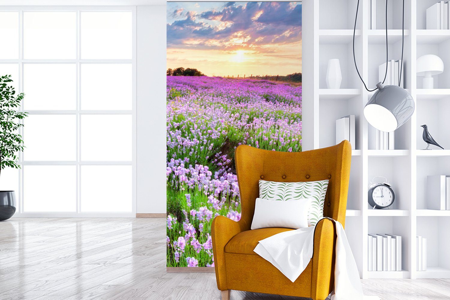 Sonnenuntergang Lavendel Wohnzimmer - für Lila Schlafzimmer - Blumen - - (2 - Matt, - Küche, Natur, MuchoWow Fototapete bedruckt, Vliestapete St), Himmel Fototapete Wiese