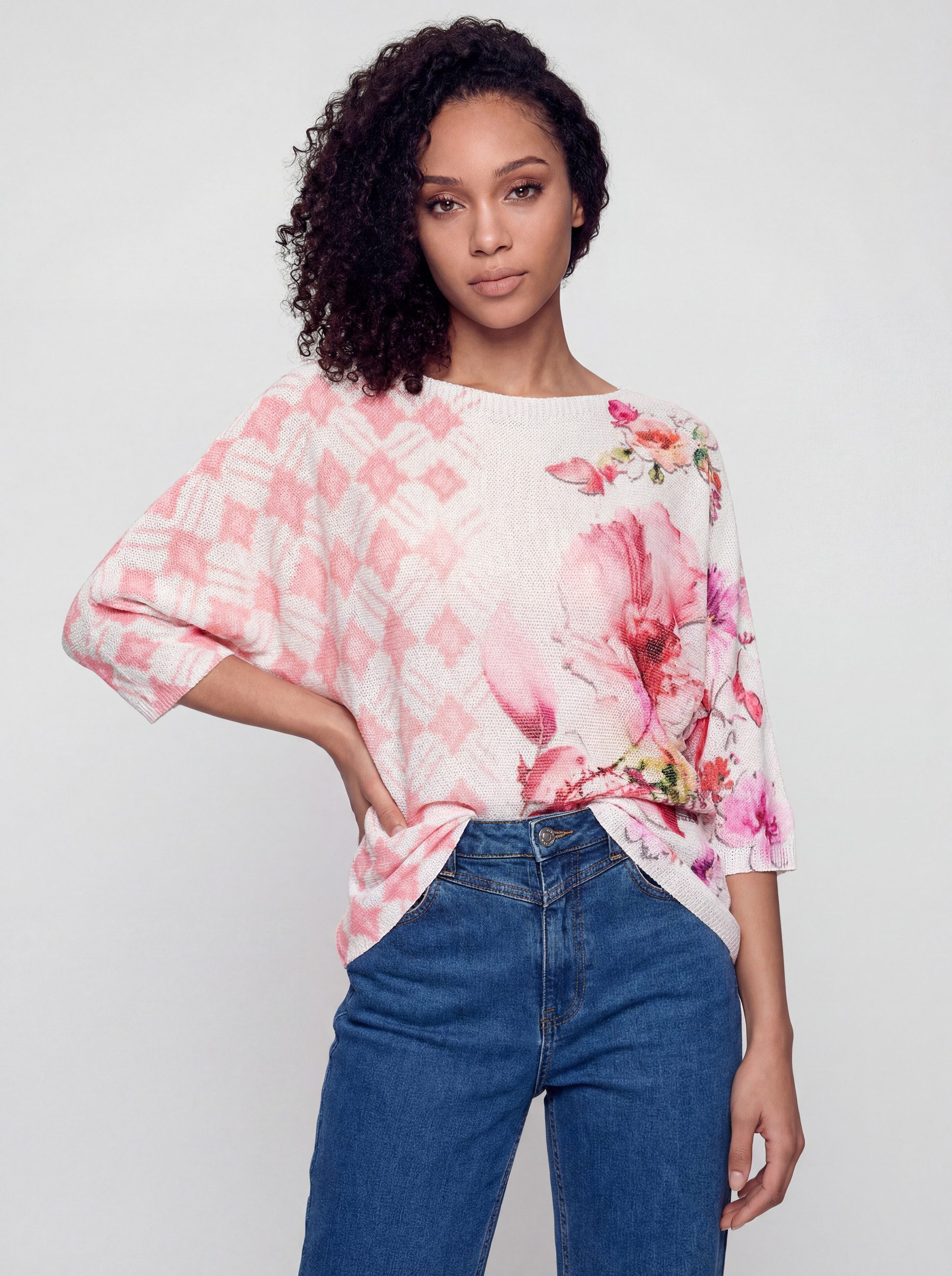 PEKIVESSA Strickpullover Fledermauspullover mit Blumen-Allover-Print mit U-Boot-Ausschnitt