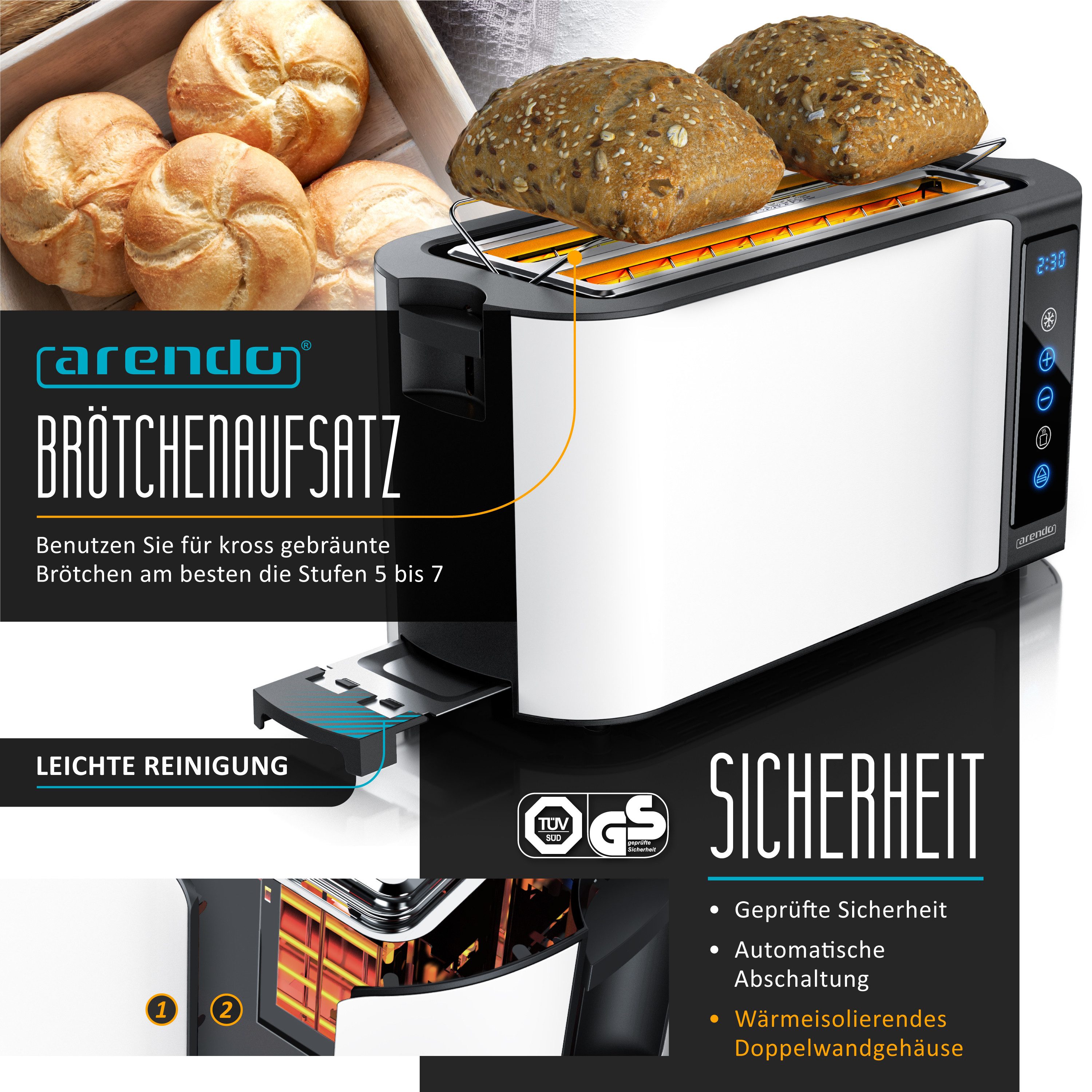 Arendo Frühstücks-Set Edelstahl Wasserkocher 1,5l, 4-Scheiben Langschlitz Toaster, weiß (2-tlg), Wasserkocher mit Temperatureinstellung, Toaster Brötchenaufsatz – Bild 4 von 5