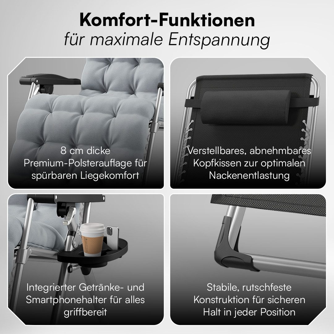 STEELSØN Gartenliege Lysira klappbarer Zero-Gravity-Stuhl, grau/silber, outdoor Liegestuhl, mit atmungsaktiven Polsterauflagen, Sonnenliege mit Getränkehalter – Bild 4 von 5