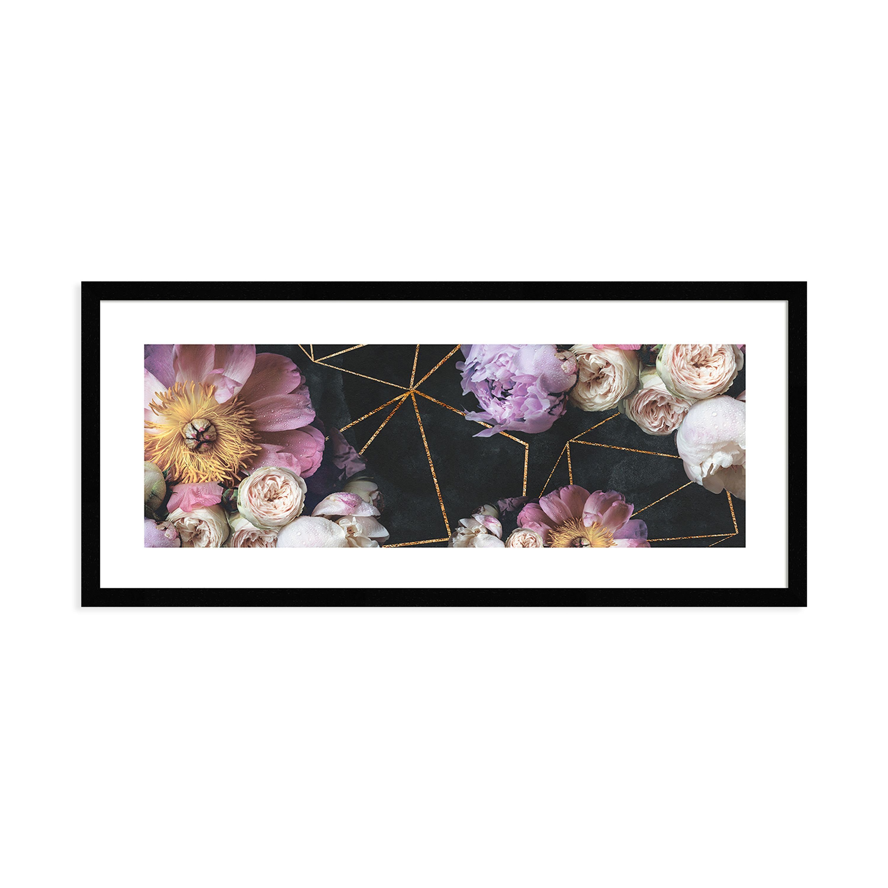 mit 71x30cm artissimo gerahmt Bild schwarz Rahmen Bkumen Bouquet mit länglich Bild und Blüten: Design-Poster Vintage lila, Rahmen