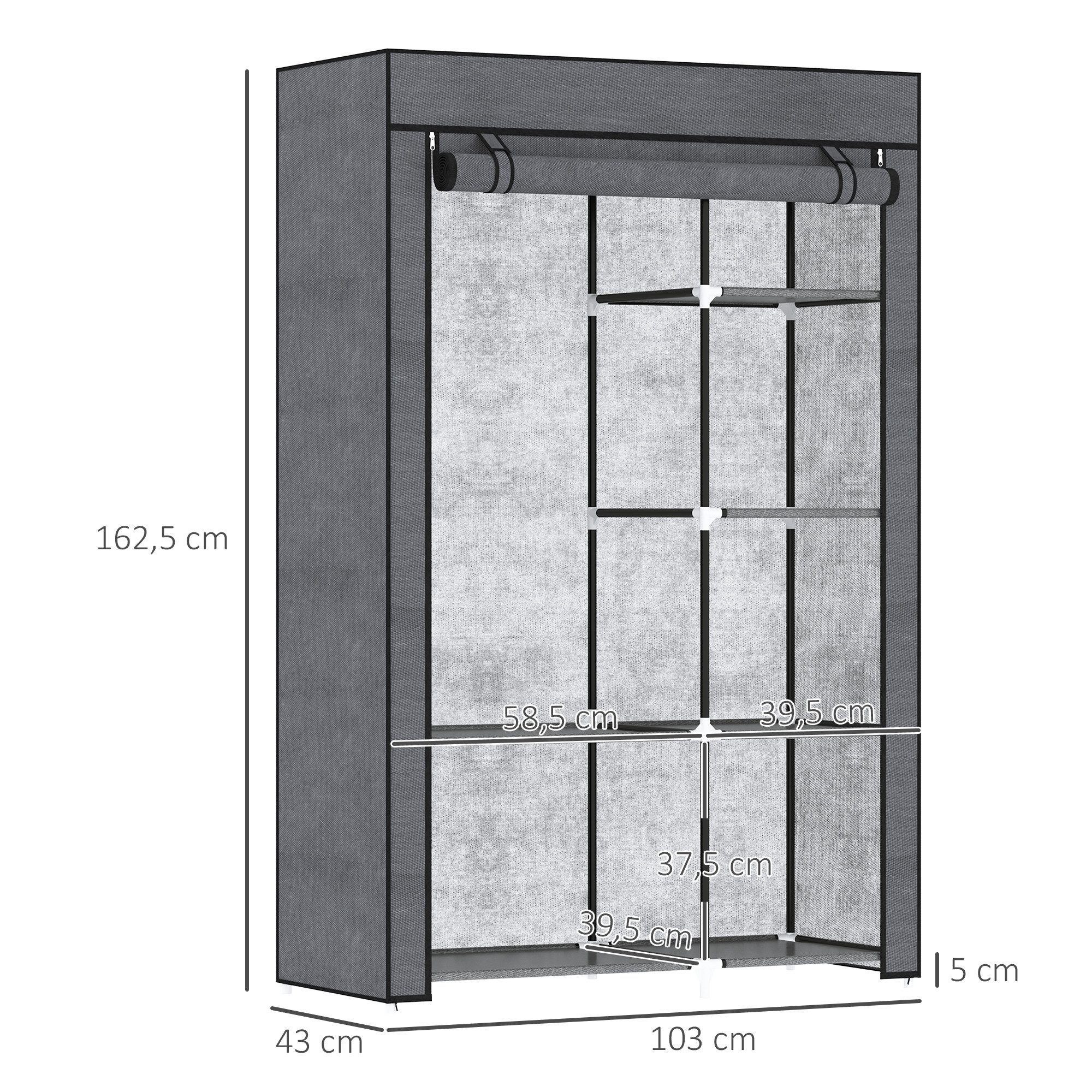 HOMCOM Stoffschrank Kleiderschrank mit 6 Ablagen und Kleiderstange (Faltbare Garderobe in Vlies-Optik, 1-St., Faltschrank für Schlafzimmer, Flur) Dunkelgrau, 10 – Bild 3 von 5