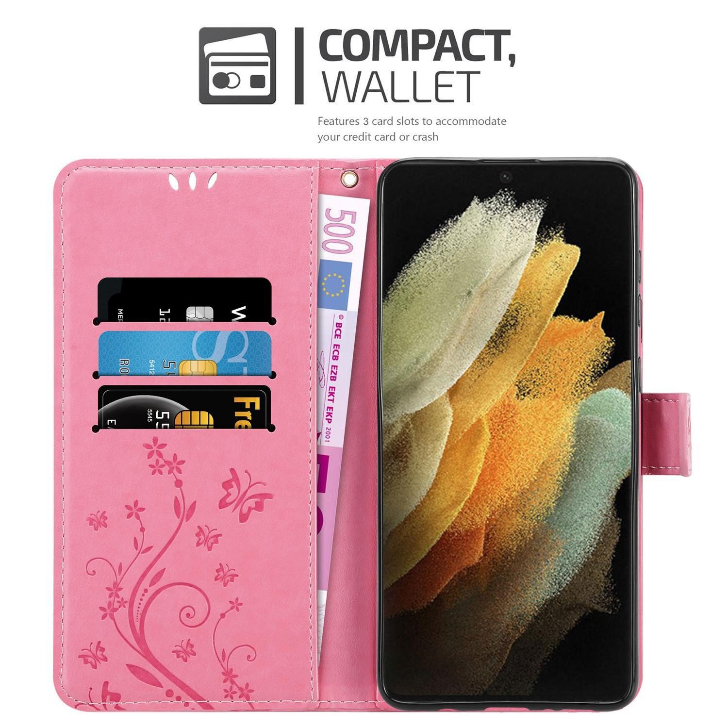 Cadorabo Handyhülle für Samsung Galaxy S21 ULTRA Hülle Samsung Galaxy S21 ULTRA, Hülle Schutzhülle Blumen Flower mit Standfunktion Kartenfach Magnet