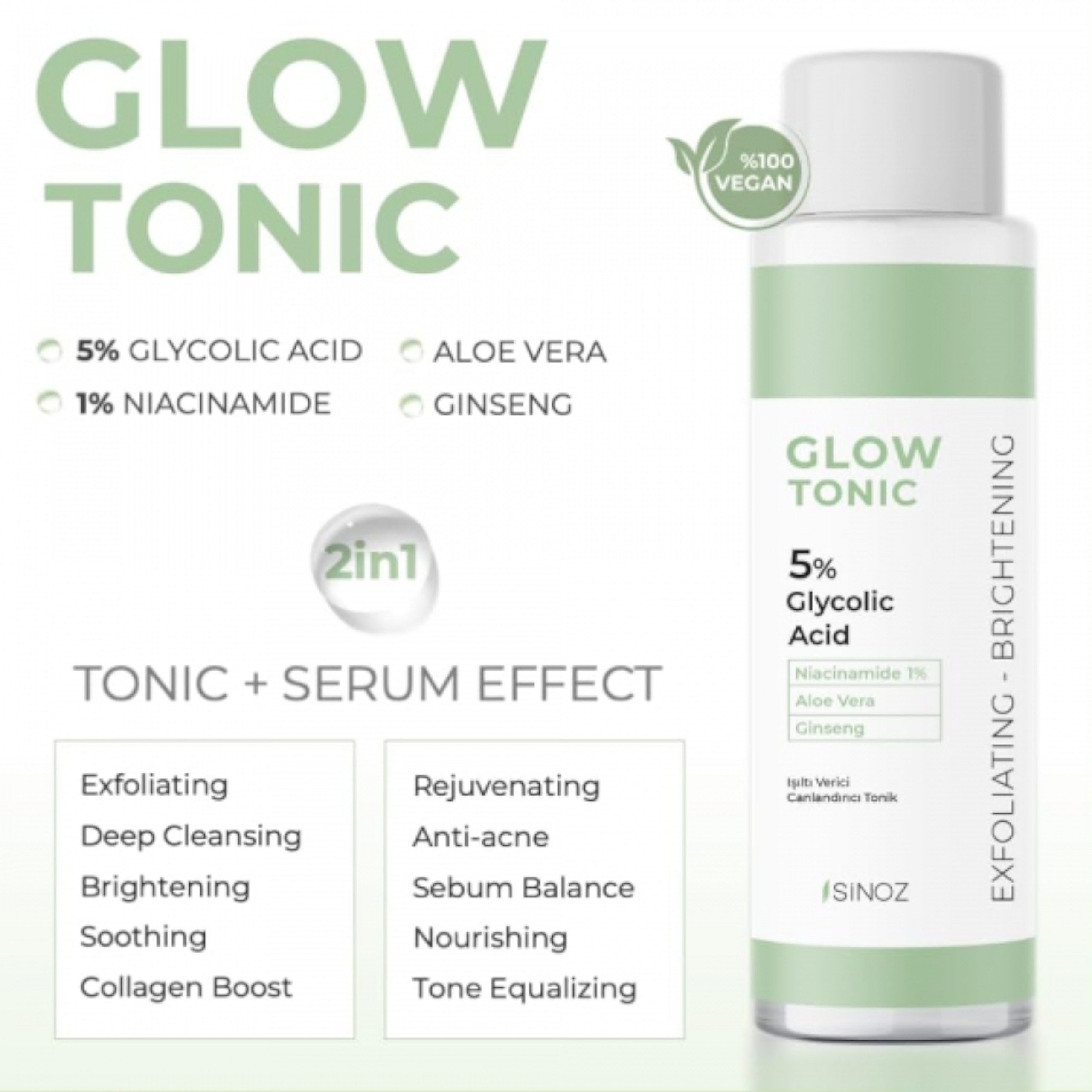 Sinoz Gesichtswasser SINOZ Glow Tonic 5% Glycolic Acid - 200 ml Gesichtswasser