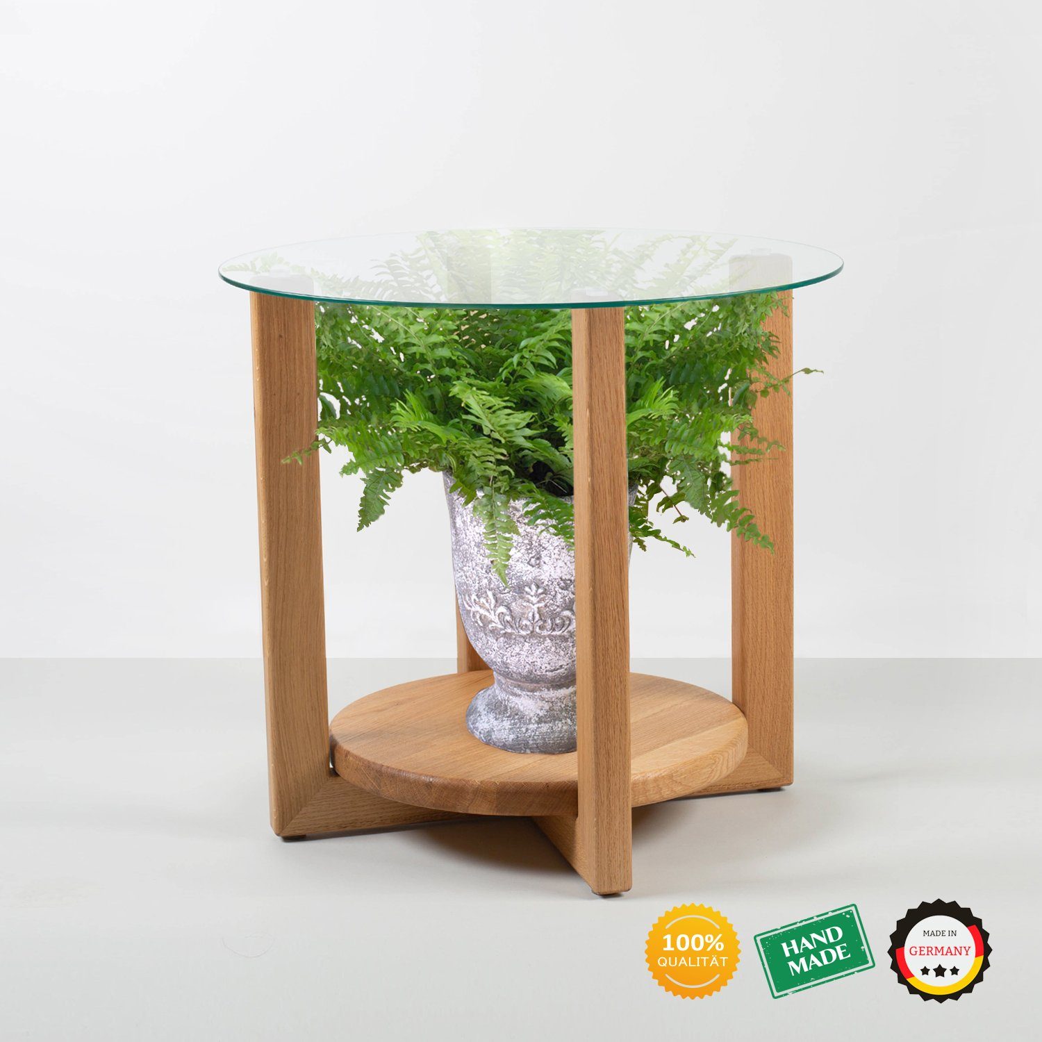 Rikmani Couchtisch Designer Couchtisch Flora rund aus Echtholz Beistelltisch Wohnzimmertisch Schlafzimmer handgefertigt aus Deutscher Eiche Design Massivholz Universal Holztisch mit Glasplatte, aus Massivholz