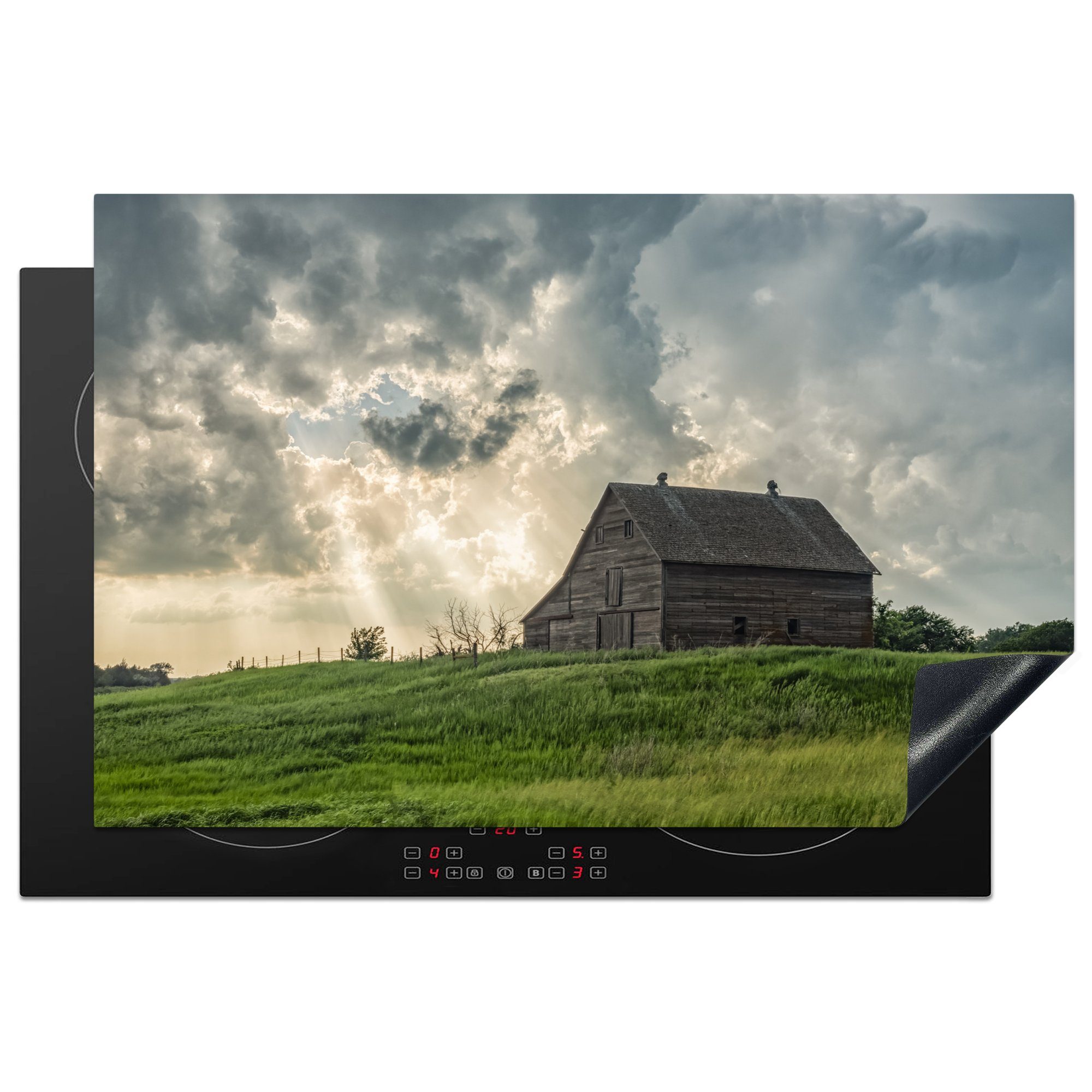 MuchoWow Herdblende-/Abdeckplatte Lichtstrahlen scheinen durch die Wolken auf ein Holzhaus in Nebraska, Vinyl, (1 tlg), 81x52 cm, Induktionskochfeld Schutz für die küche, Ceranfeldabdeckung