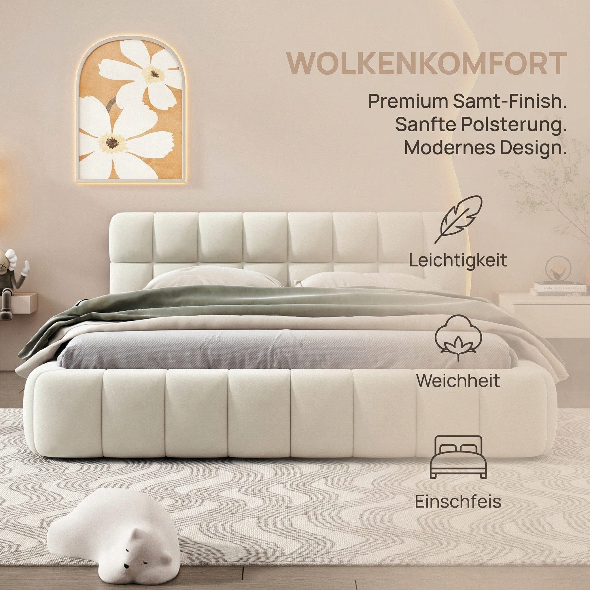 Gdood Polsterbett Stauraumbett Doppelbett LED, Leinenstoff (1-tlg., mit Komforthöhe, Leises Design Bett), Jugendbett Mit Kopfteil Lattenrost 140x200 cm