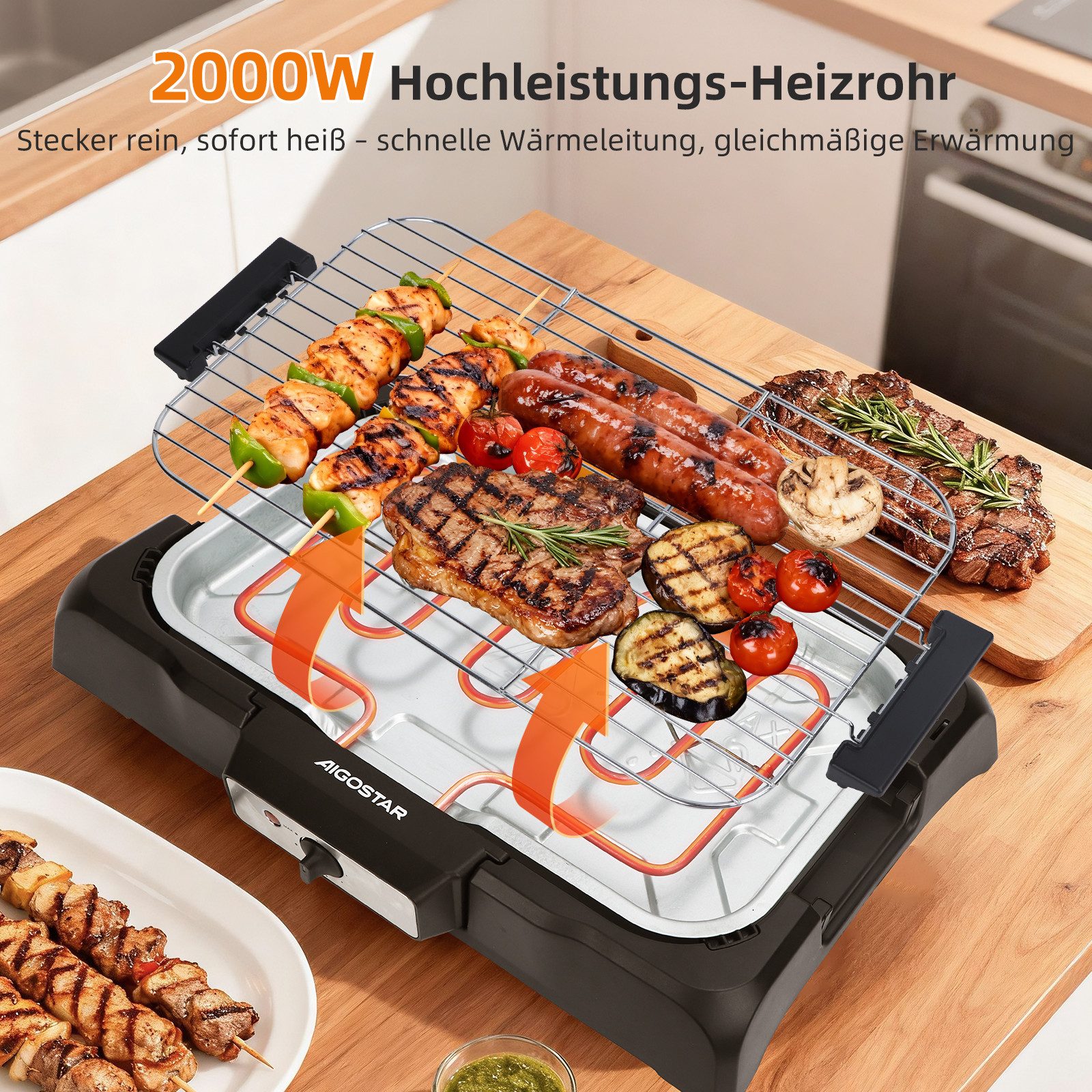 Aigostar Tischgrill Rauchfreier Tischgrill Barbecue Elektrogrill Elektrischer BBQ 2000 W, 2000 W