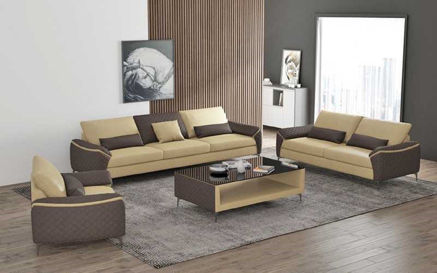 Nur Sofagarnitur Made Beige Couchgarnitur Europe Komplette Sofa 2+3 Sitzer Sessel), Wohnzimmer-Set JVmoebel in Ledersofa (3-St., + Sofa Wohnzimmer,