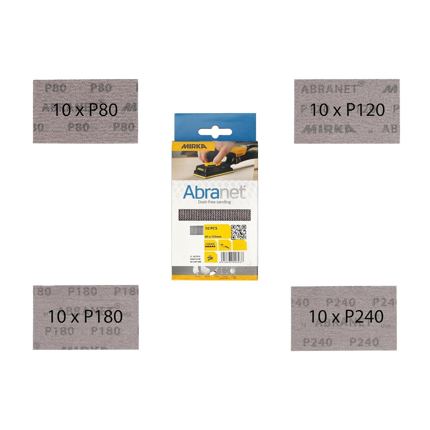 Mirka Schleifscheibe Abranet, (40 St), 81 × 133 mm Klett, Mix-Pack 80/120/180/240, je 10 Stk