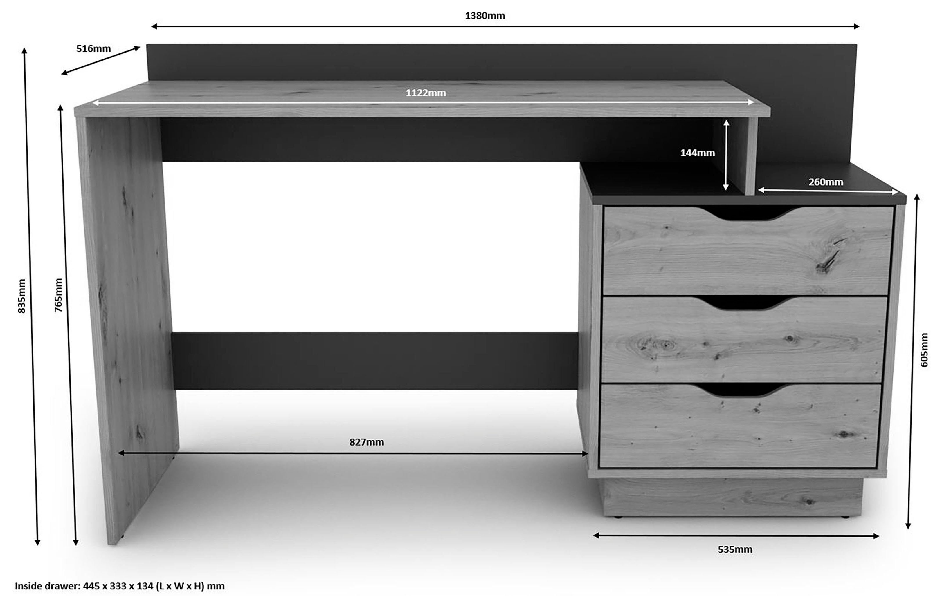 byLIVING Schreibtisch Bern, moderner Computertisch, mit viel Stauraum, Breite 138cm, rechts oder links montierbar