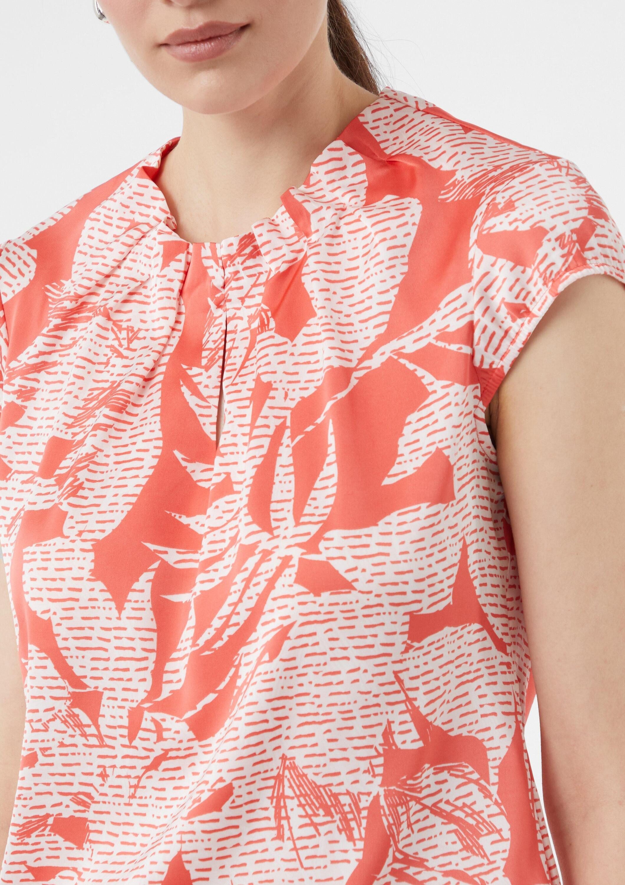 comma Kurzarmbluse Bluse Gemusterte Satin-Bluse mit Raffung