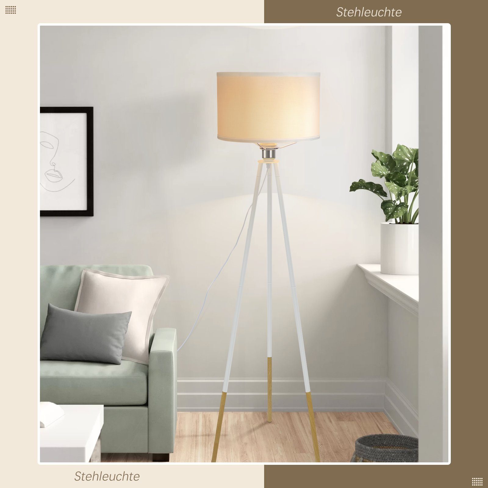 Weiß Stehlampe mit Holz ohne Nettlife Wohnzimmer Leuchtmittel, Stehleuchte E27 Modern Schlafzimmer Stoff Schirm Fassung,