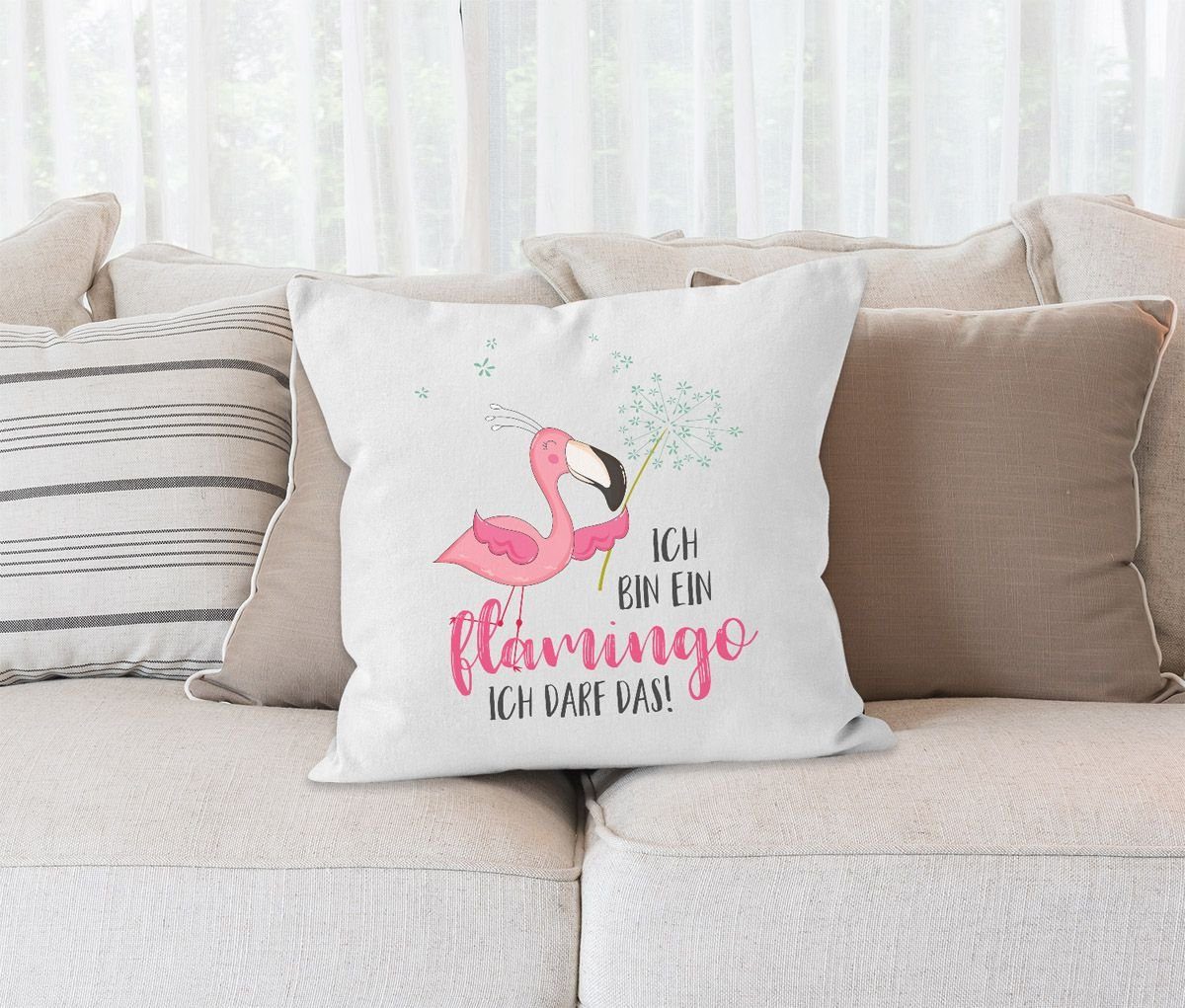 darf Pusteblume weiß das Kissen-Hülle MoonWorks ein bin Flamingo Baumwolle Spruch Dekokissen ich MoonWorks® Deko-Kissen Ich Flamingo Kissen-Bezug