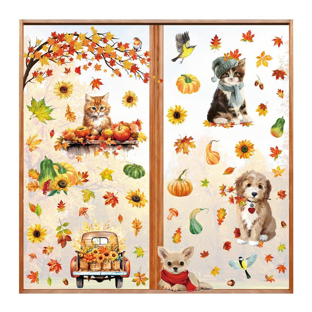 Sorvyzxn Fensterfolie Fensterbilder Herbst, Autumn Fensterbild Selbstklebend, Herbstdeko, Fenster Sticker Kinder, Fensteraufkleber Herbstliche Blätter