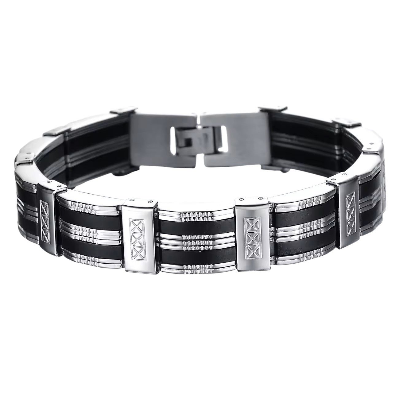 KARMA Armband Herren Edelstahl Silikon Silber Schwarz 21 cm (Geschenk für Ihn, Männerarmband modern Schmuck für Männer), Edelstahlarmband Herrenschmuck