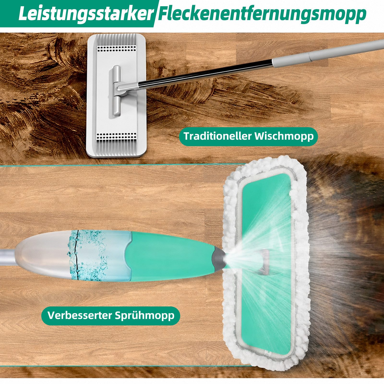 HUGERSTONE Sprühwischer Wischmopp Set mit 3 Mikrofaser Pads, Bodenwischer mit Sprühfunktion (Wischmopp mit 435ml Wassertank) Nass und Trockenwischer, 360 Grad R – Bild 5 von 5