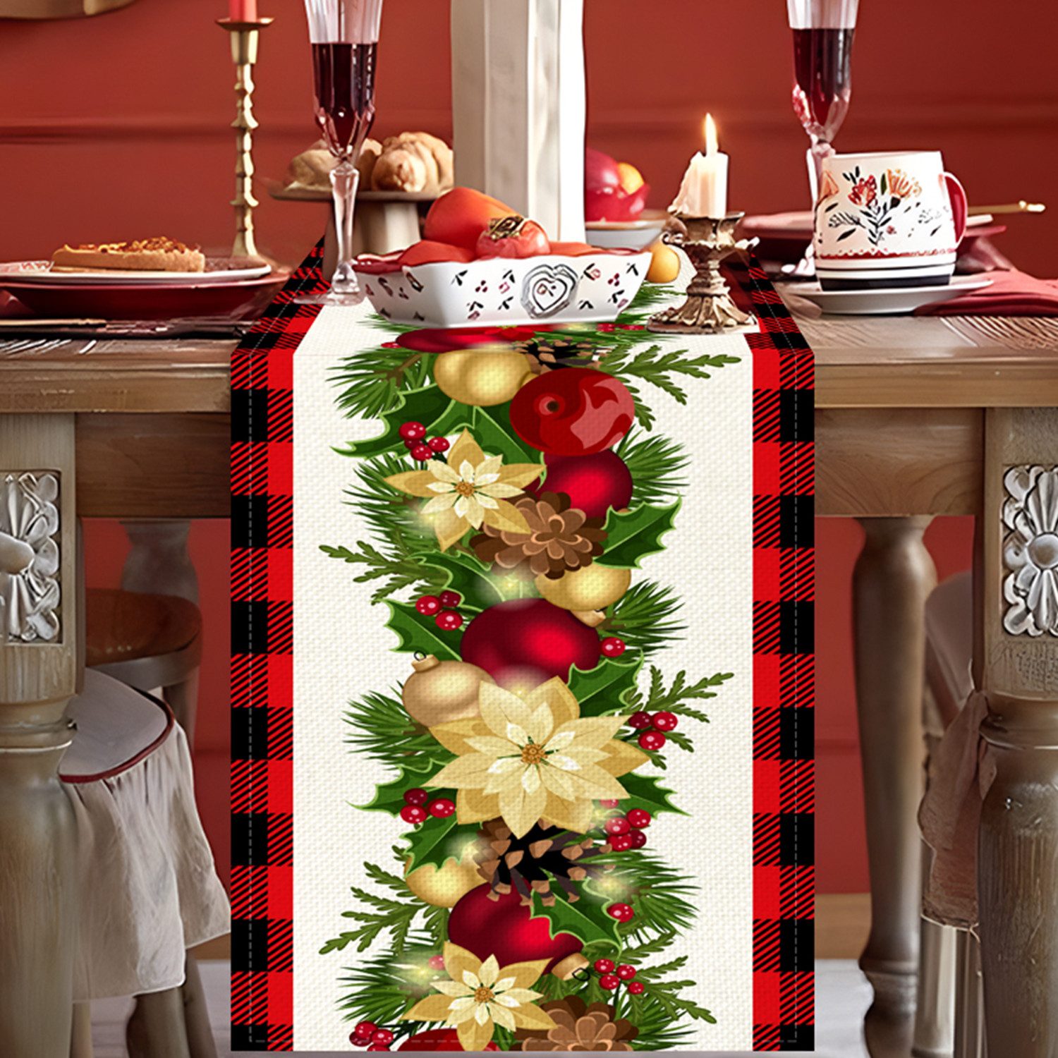 Tischläufer Weihnachtlicher Leinen Tischläufer Druck, Festliche Tischdekoration