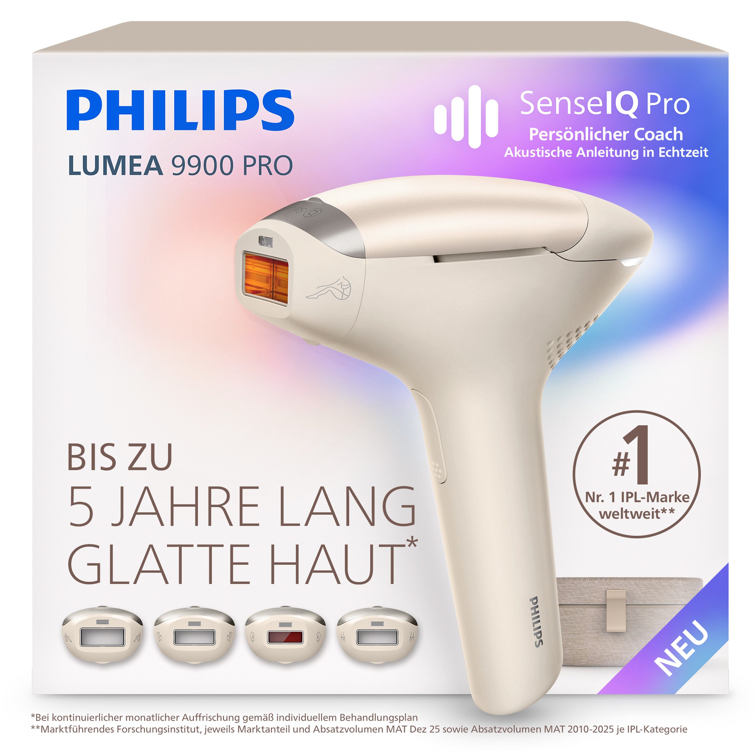 Philips IPL-Haarentferner Philips Lumea Series 9900 Pro BRC342/00, 4 Aufsätze (Körper, Gesicht, Achseln, Bikinizone), Audioführung