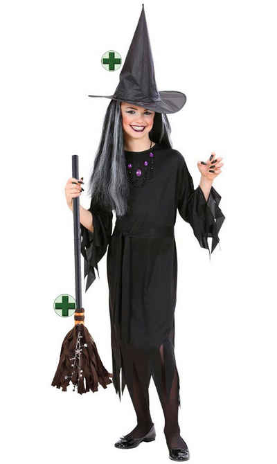 Karneval-Klamotten Hexen-Kostüm Mädchen Hexe Kinder Kostüm Halloween, schwarzes Hexenkleid mit Hexenhut und Hexenbesen