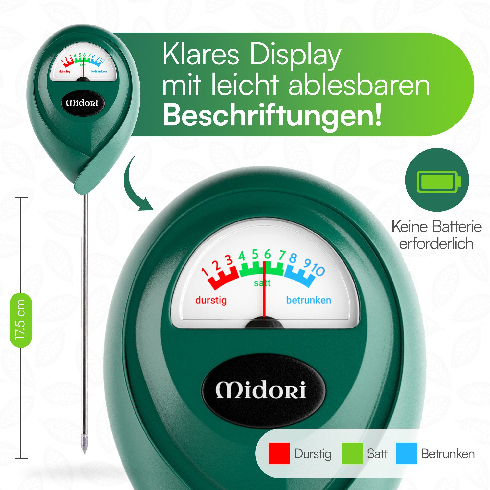 Midori Hygrometer, (1-St), 1 x Midori Boden-Feuchtigkeitsmesser Messgerät Hydrometer Grün 17,5cm