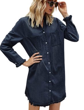 ZWY Jeanskleid Damen V-Ausschnitt Blusenkleid Hemdkleid Jeanskleider (M-XL) Langarm Knopf Runter Shirtkleid Tunikakleider Oben